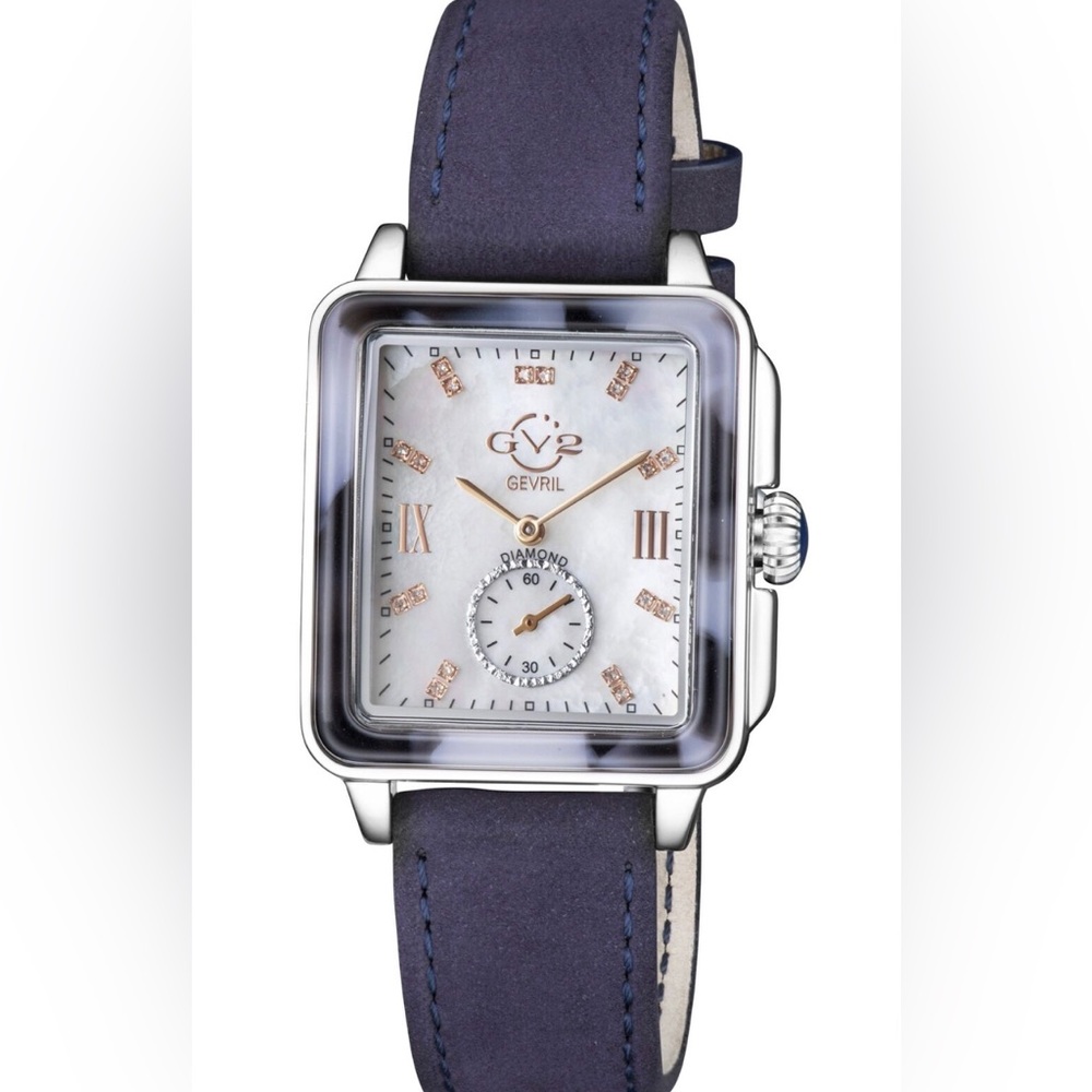 GV2 By Gevril Women 92rr Bari Tortoise Diamond Blue Suede Leather Swiss Watch